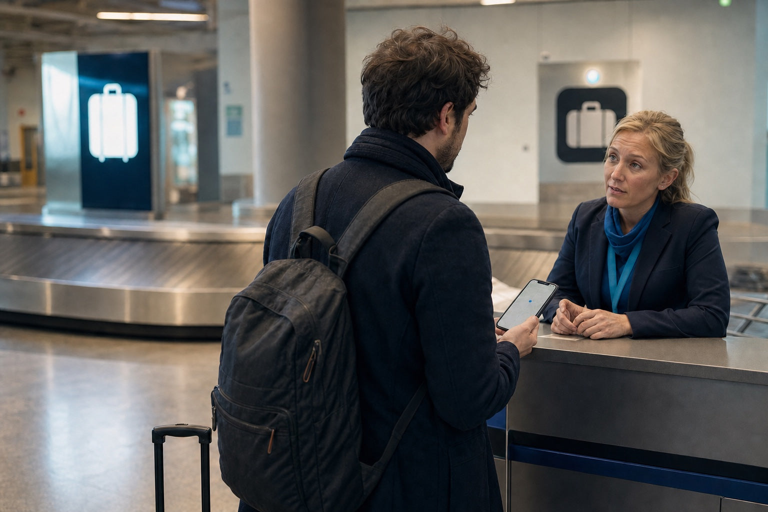 A traveller showing a suitcase location on a phone at an airport baggage desk