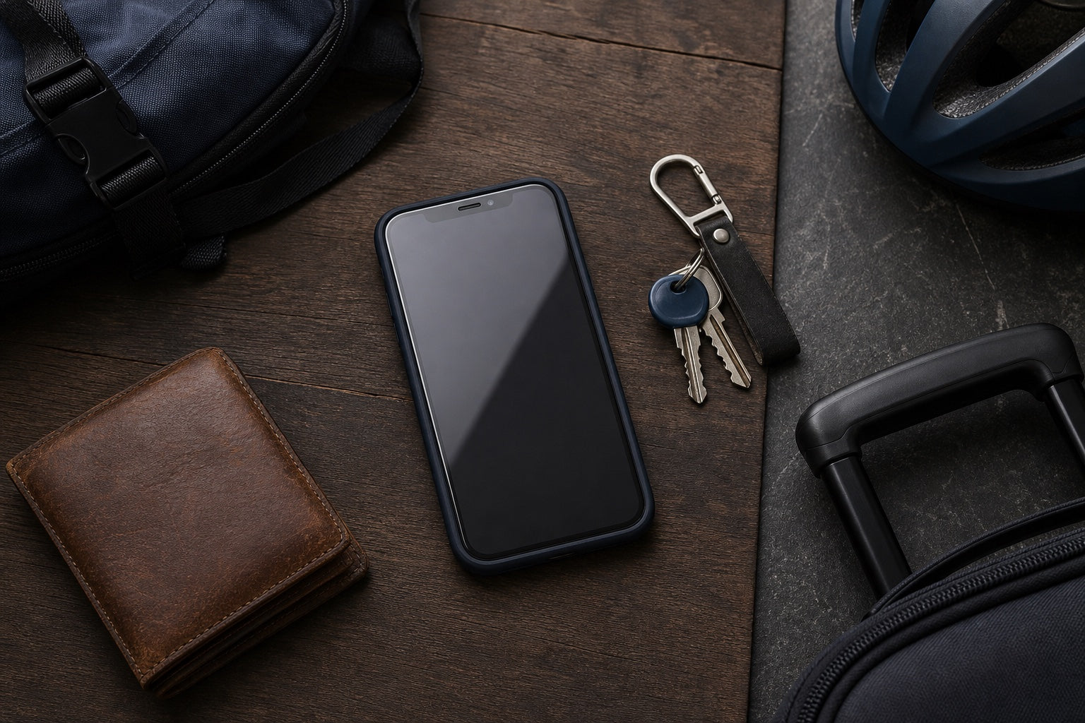 Ein geschütztes Smartphone neben einer Geldbörse, einem Rucksack, Fahrradzubehör und einem Koffer