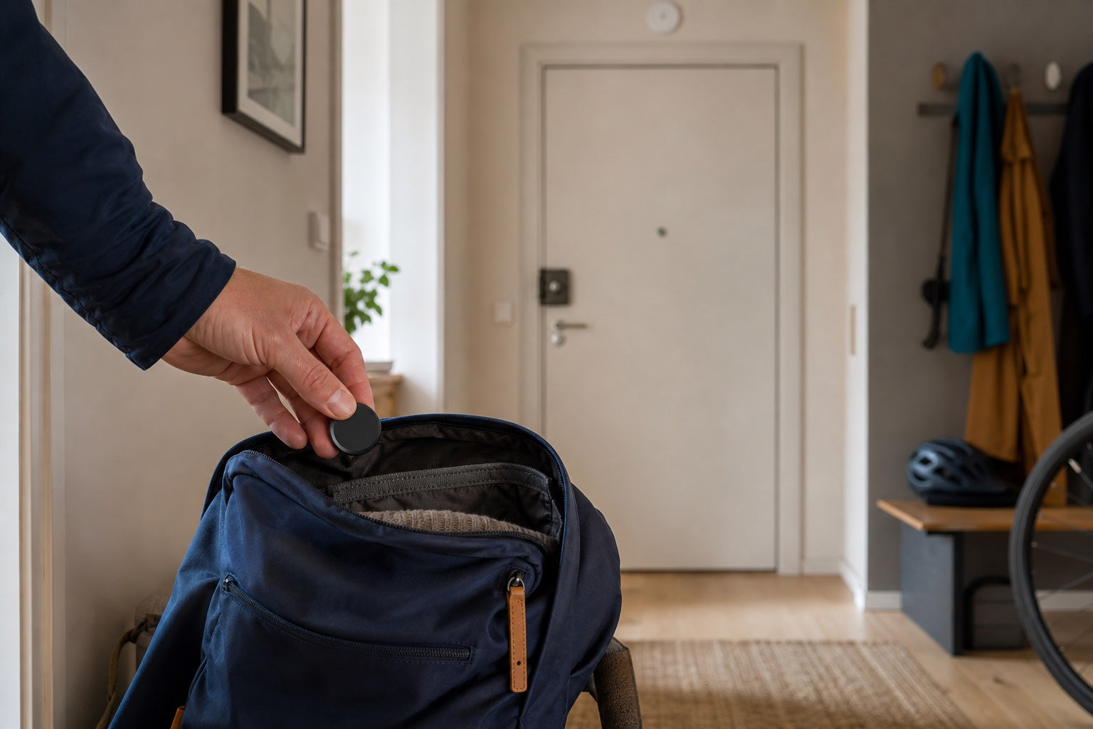 Ein Tracker wird ruhig in einen Rucksack neben einer verschlossenen Haustür gelegt