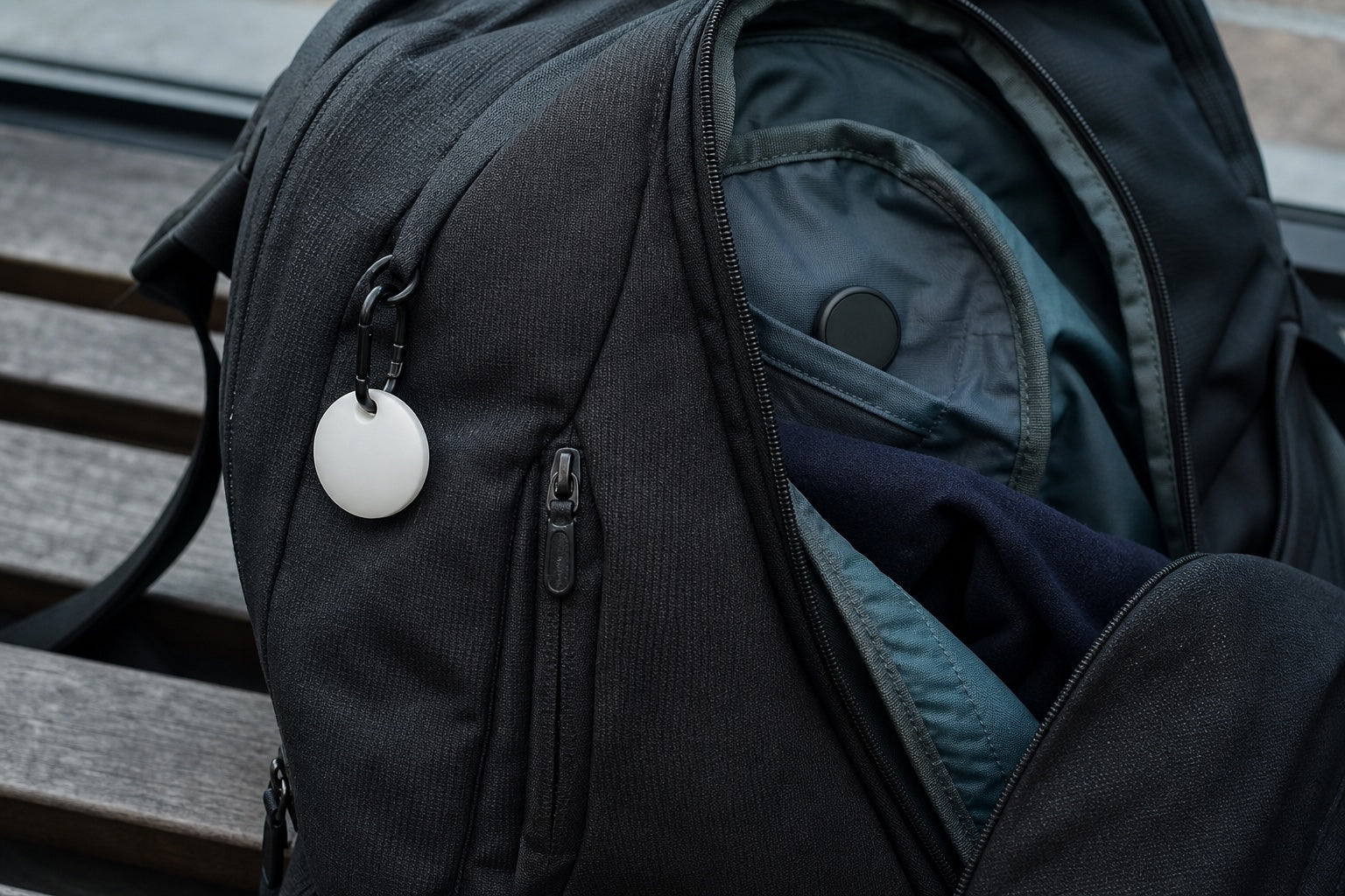 Ein sichtbarer weißer Tracker außen am Rucksack im Vergleich zu einem versteckten schwarzen Tracker im Inneren